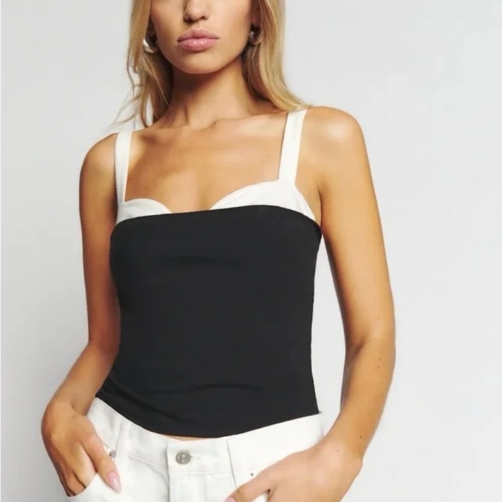 Reformation Black & White Bustier Tank Top Size L Contrast Trim Structured Cami